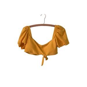 Agua Bendita Womens Medium Yellow Bikini Top Puff Sleeves Tie Back TOP ONLY